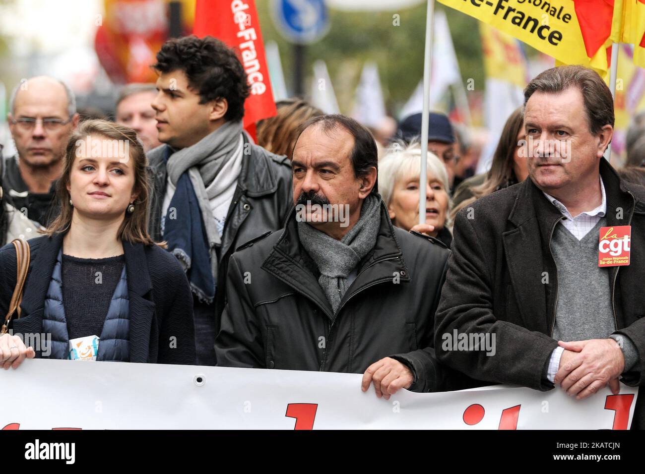 French workers' union General Confederation of Labour (CGT) Secretary-General Philippe Martinez (3rd L) and s French National Union of Students of France (UNEF) General Delegate, Lila Le Bas (1st L) attend a demonstration as part of a nationwide protest day against the government's economic and social reforms, on November 16, 2017 in Paris. (Photo by Michel Stoupak/NurPhoto) Stock Photo