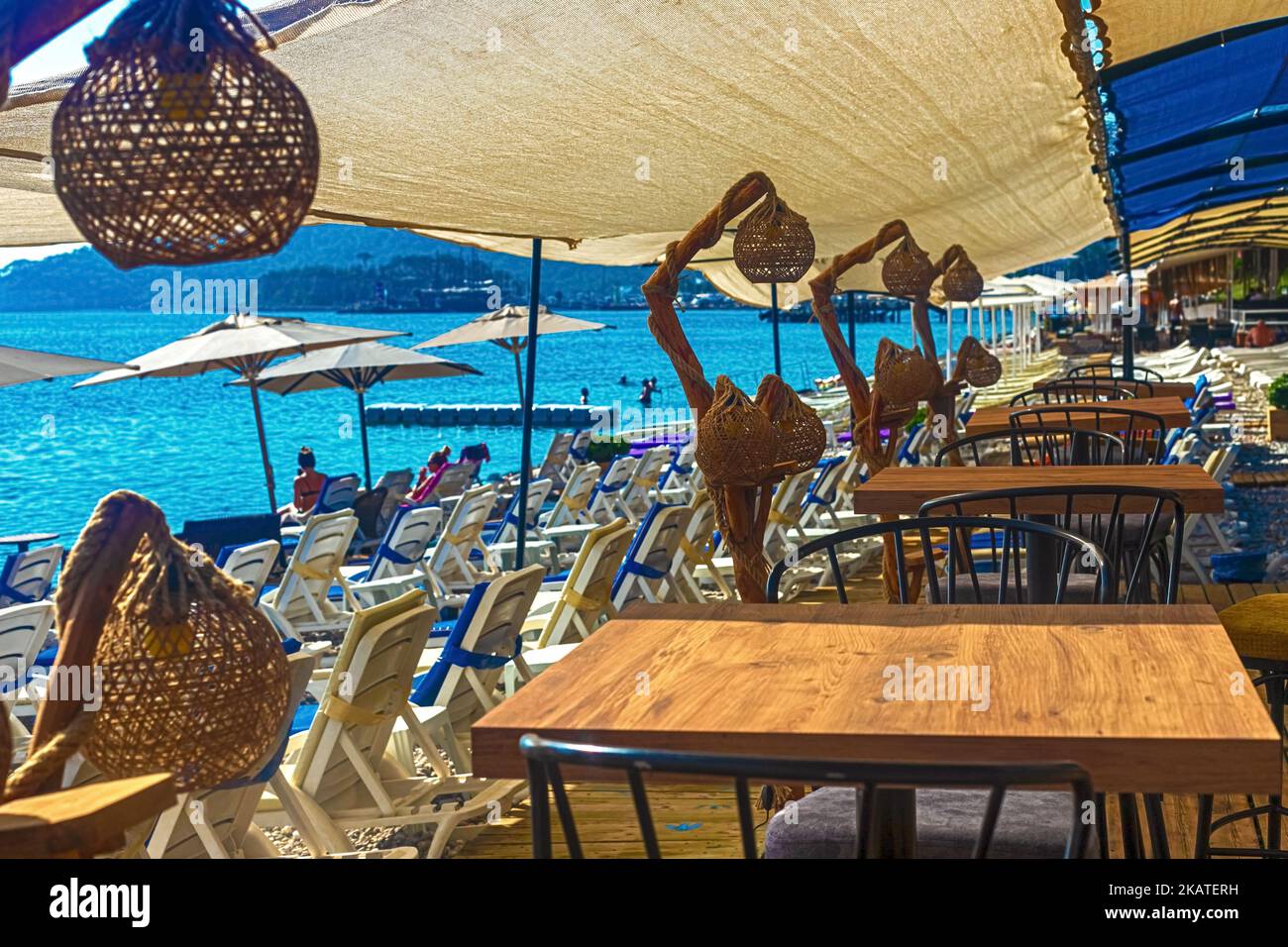 View of the cafe area on the beach. Kemer, Turkey Stock Photo