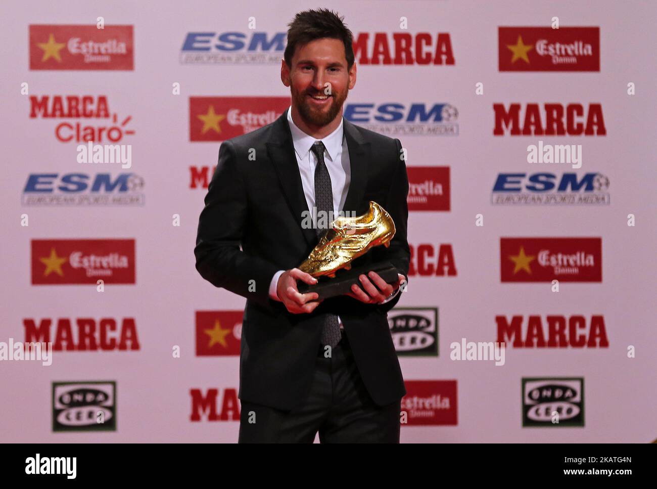 Lionel Messi receives his fourth Golden Boot award on November 24, 2017 for leading all of Europe's leagues in scoring last season. It was his fourth award matching Cristiano Ronaldo as the award record-holders; Messi won the award by Scoring 37 goals in the Spanish league in 2016-17 season (Photo by Urbanandsport/NurPhoto) Stock Photo