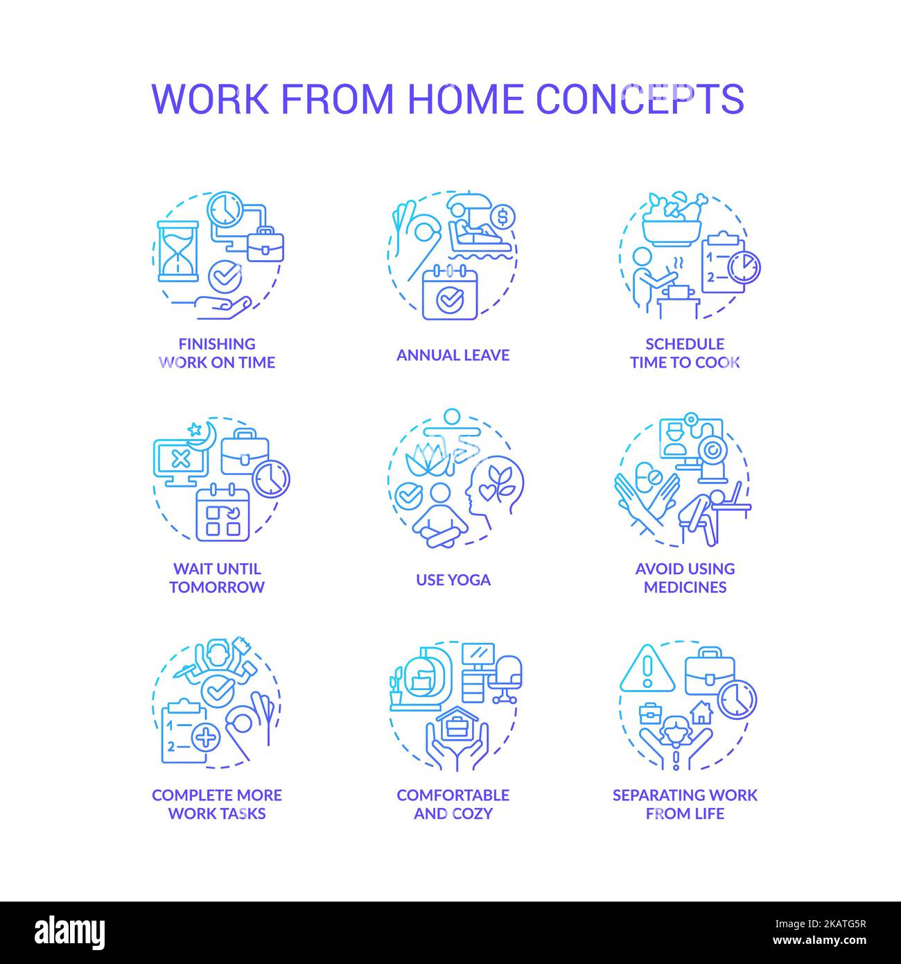 Work from home tips blue gradient concept icons set Stock Vector