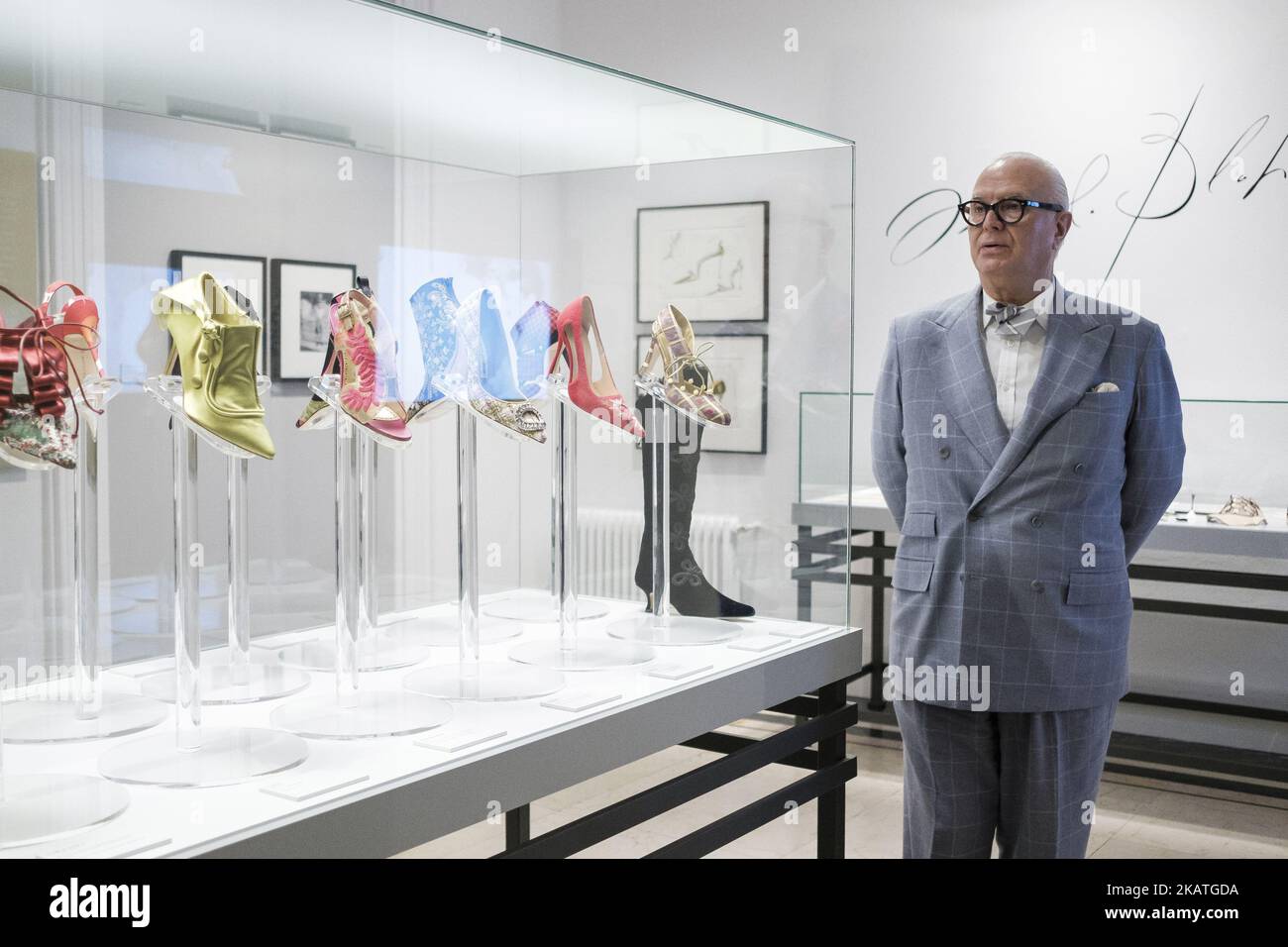 Spanish designer Manolo Blahnik poses during the exhibition 'The Art of Shoes' presented by the artist himself at the Museum of Decorative Arts in Madrid, Spain, 27 November 2017. (Photo by Oscar Gonzalez/NurPhoto) Stock Photo