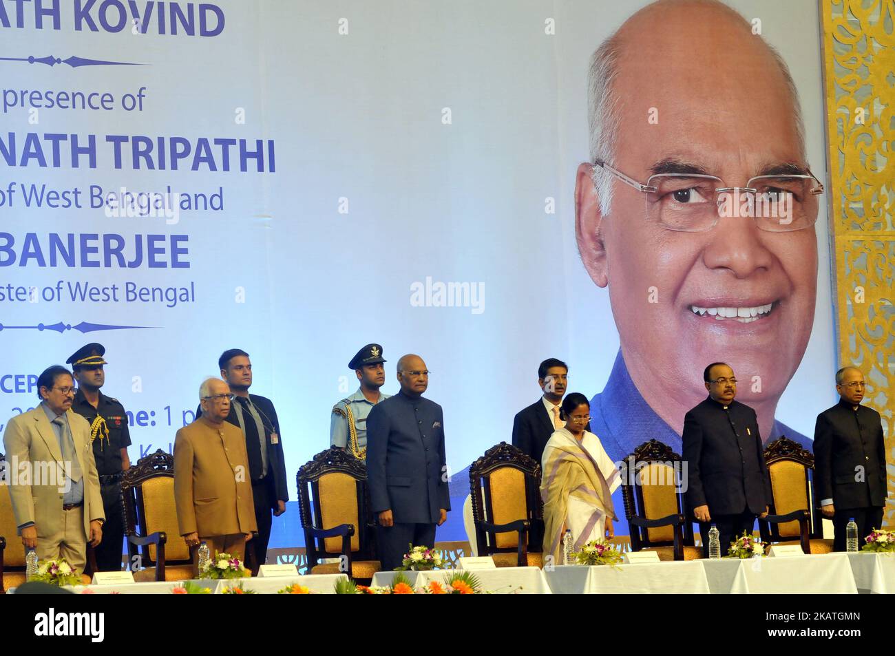 National Anthem President of India Shri Ram Nath Kovind during West Bengal Government Felicitate to President of India Shri Ram Nath Kovind At Netaji Indoor Stadium on November 28,2017 in Kolkata,India. (Photo by Debajyoti Chakraborty/NurPhoto) Stock Photo