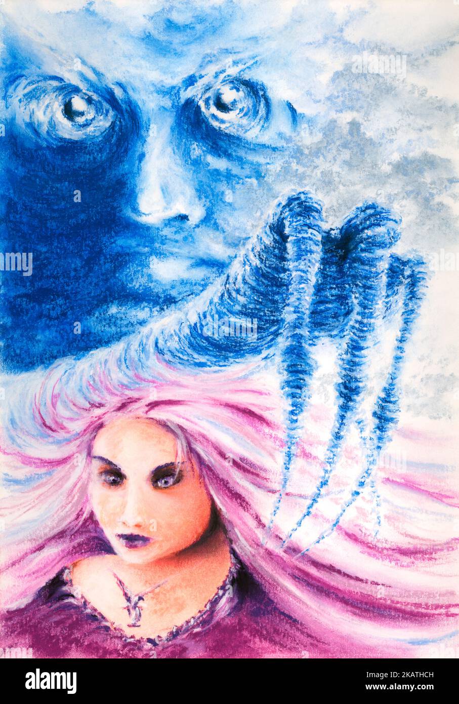 Fantasy daemon-like clouds and girl. Soft pastel on paper. Stock Photo