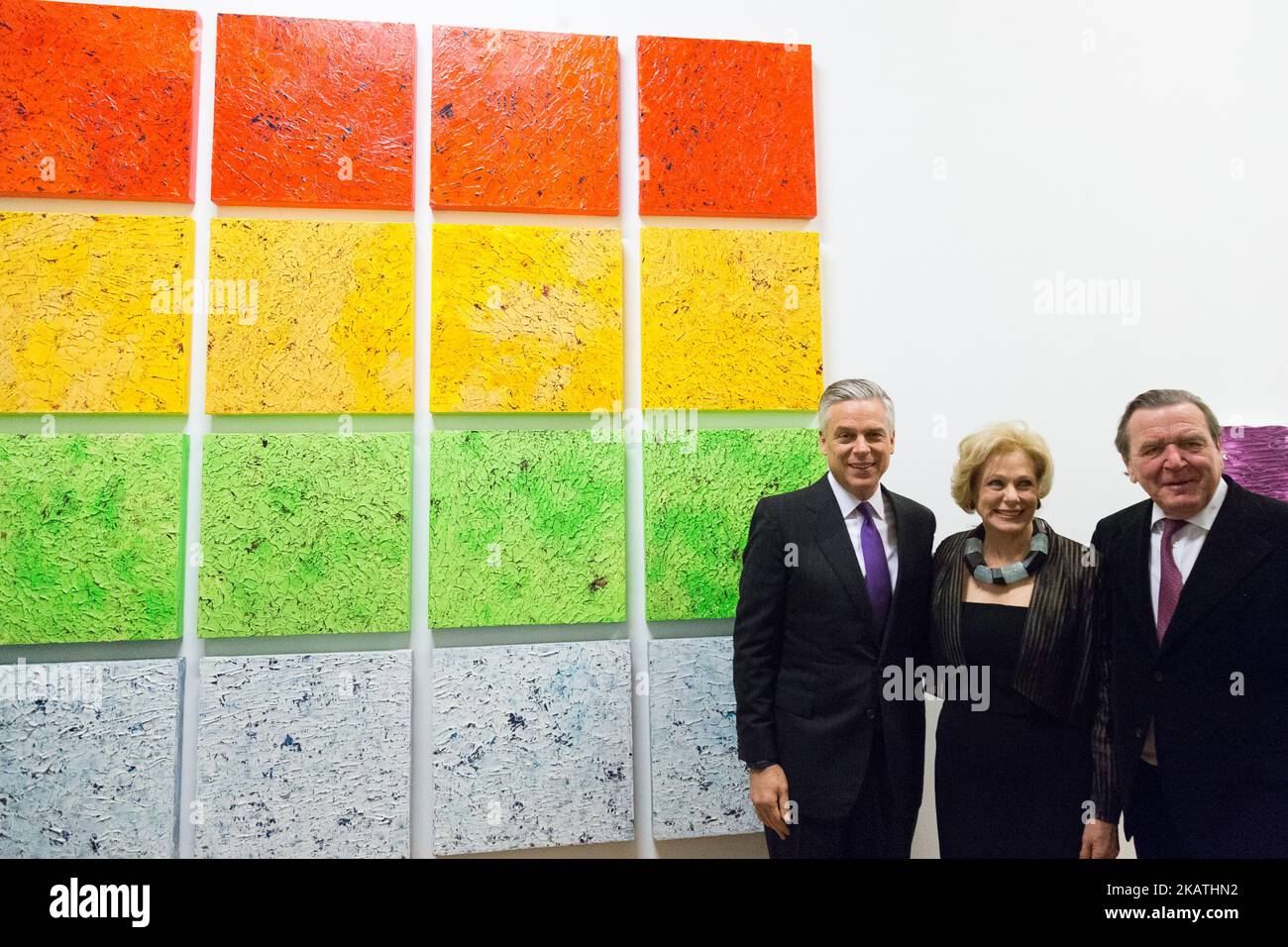 US Ambassador to Russia Jon Huntsman Jr., American artist Susan Swartz and Nord Stream 2 Board Chairman, former German Chancellor Gerhard Schroeder (L-R) attend the opening of the Personal Path exhibition of Susan Swartz's works at the State Russian Museum, in Saint Petersburg, Russia, on 28 November 2017. (Photo by Igor Russak/NurPhoto) Stock Photo