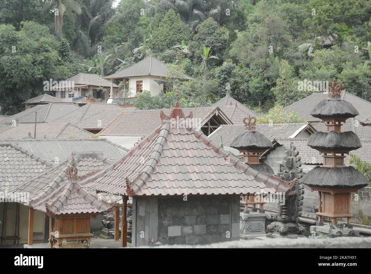Volcanic ash of Mount Agung eruption looks enveloped the house of citizens in the area Bebandem, Karangasem, Bali, on November 30,2017. Bebandem area is the worst hit by eruption ash eruption of Mount Agung with a distance of 8 kilometers or around the red zone so that the village is deserted at leave the occupants of the house to the safe zone. considering that in 1963 Mount Agung erupted and killed 280 people who did not want to evacuate. Dasril Roszandi (Photo by Dasril Roszandi/NurPhoto) Stock Photo