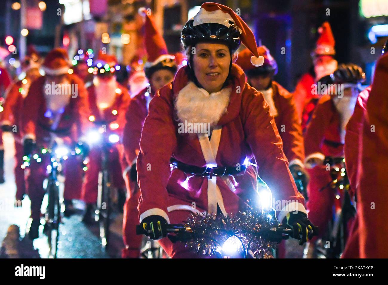 Over 500 Santas took to the roads of Dublin last night, raising money for Straight Ahead, a charity associated with Our Lady’s Children’s Hospital in Crumlin. On Sunday, 3 December 2017, in Dublin, Ireland. (Photo by Artur Widak/NurPhoto)  Stock Photo