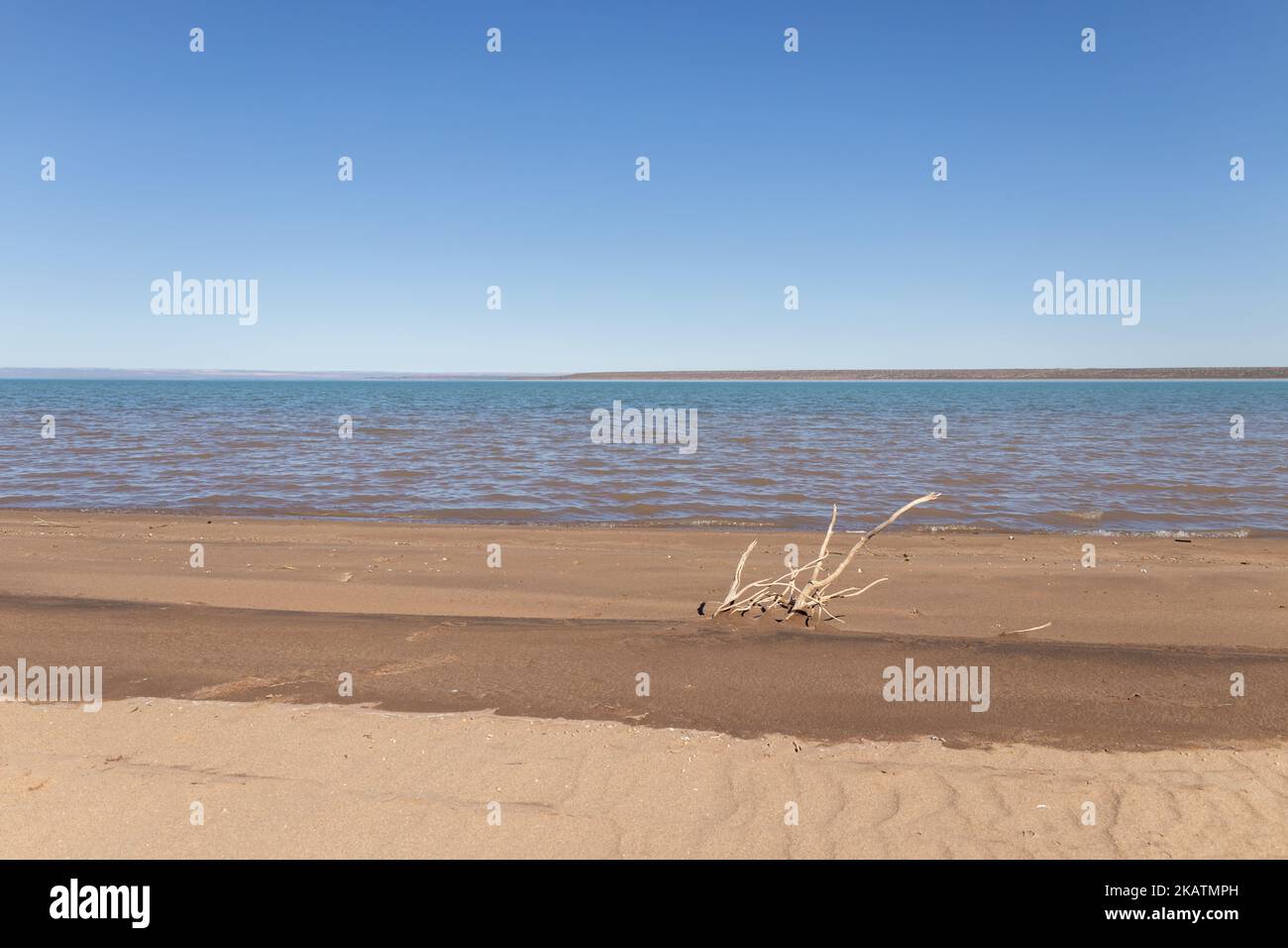 Incredible relaxed beach in an artificial lake of El Chocon in Argentina. mountain vacation landscape Stock Photo