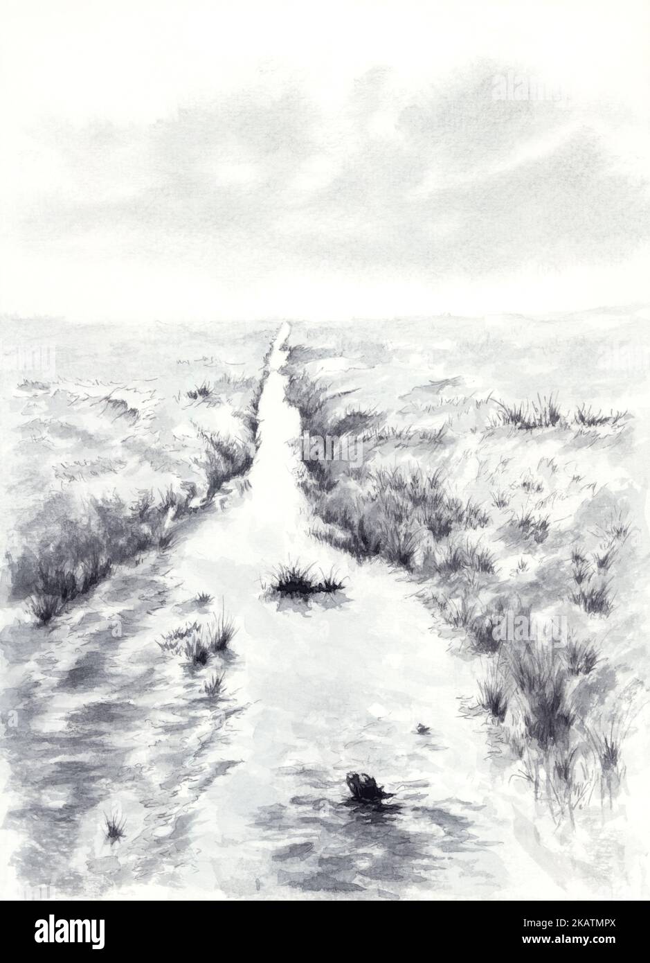 Straight stream between meadows. Watercolor on paper. Stock Photo
