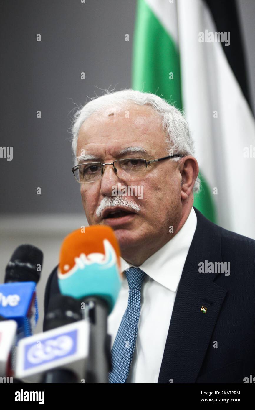 Palestinian minister of Foreign Affairs Riyad al-Maliki to holds a press conference at the embassy of Palestine headquarters in Cairo, Egypt, 09 Dec 2017. The Foreign Minister talked about the latest developments after US president Donald J. Trump on 06 December announced he is recognising Jerusalem as the Israeli capital and will relocate the US embassy from Tel Aviv to Jerusalem. (Photo by Fayed El-Geziry/NurPhoto) Stock Photo