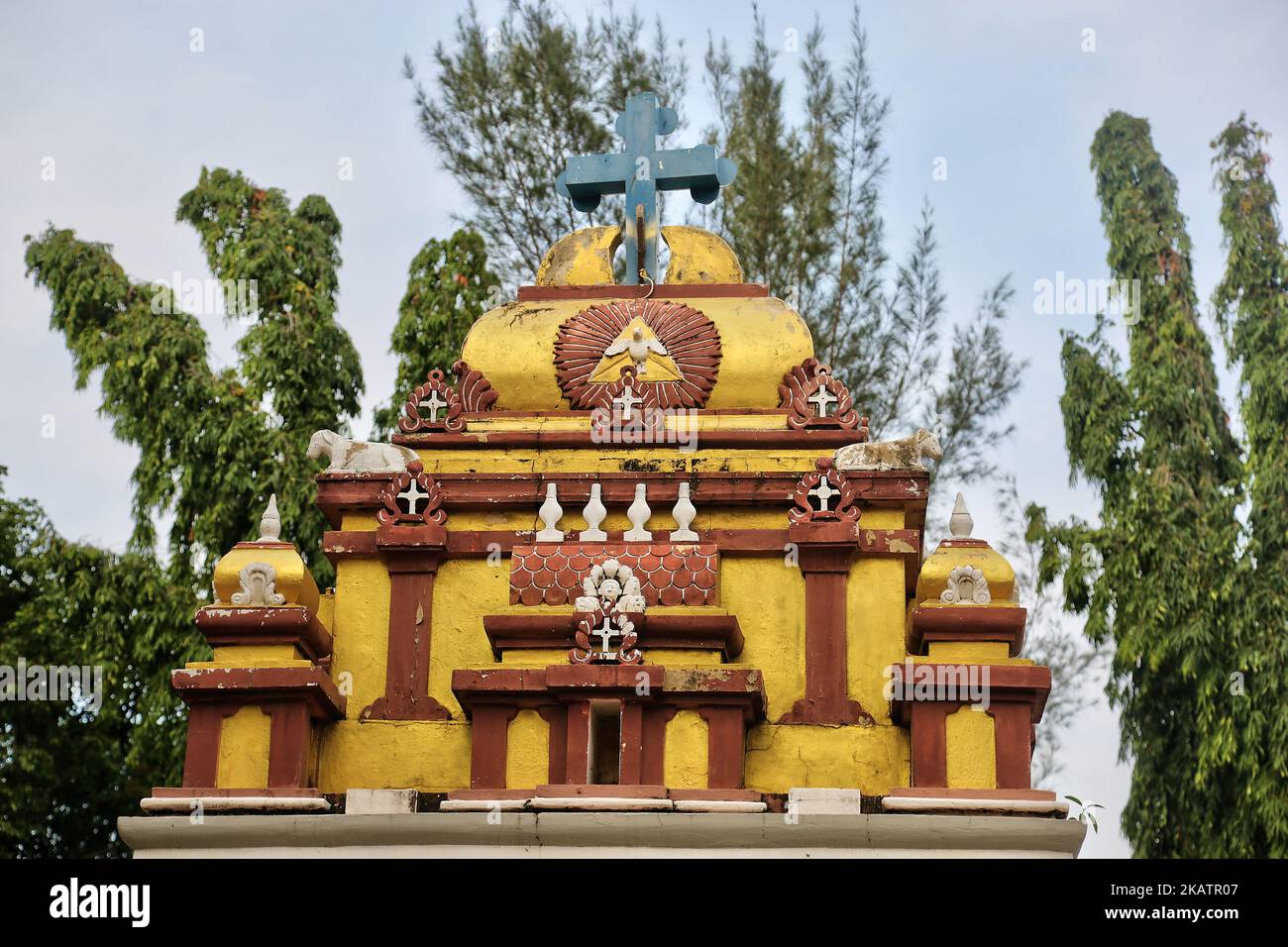 The Karuna Nilayam Church of Ceylon in Killinochchi, Sri Lanka. The unique style of design of the Karuna Nilayam Catholic Church mimics the traditional architectural style commonly seen in Hindu temples throughout Sri Lanka and South India. (Photo by Creative Touch Imaging Ltd./NurPhoto) Stock Photo