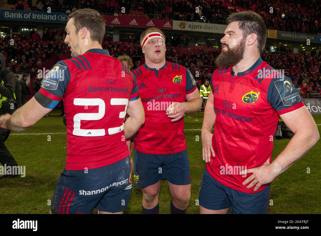 Darren Sweetnam, John Ryan and Kevin O'Byrne of Munster pictured during the European Rugby Champions Cup Round 3 match between Munster Rugby and Leicester Tigers at the Thomond Park in Limerick, Ireland on December 9, 2017 (Photo by Andrew Surma/NurPhoto) Stock Photo