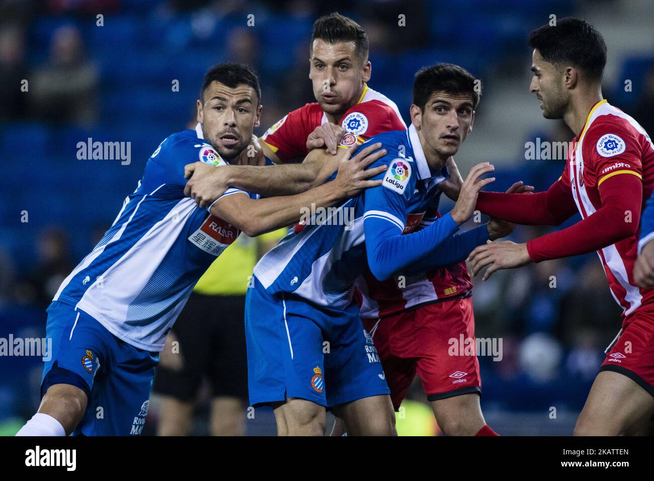 06 Granell from Spain of Girona FC against 18 Javi Fuego from Spain of RCD Espanyol during the La Liga match between RCD Espanyol v Girona FC at RCD Stadium on December 11, 2017 in Barcelona, Spain. (Photo by Xavier Bonilla/NurPhoto) Stock Photo
