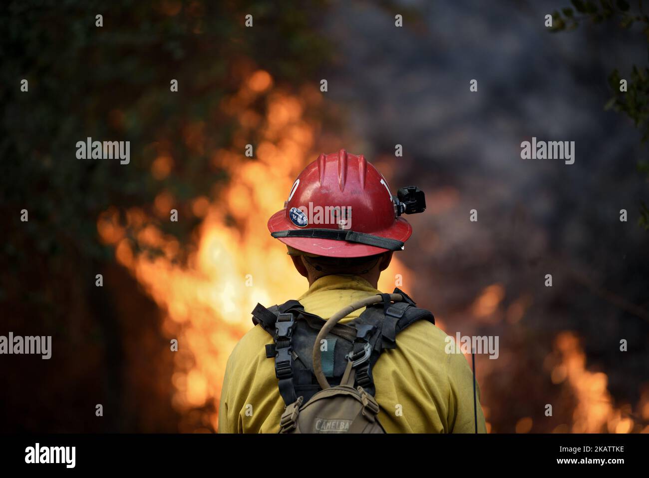 A firefighter keeps watch as the Thomas wildfire burns near Carpinteria