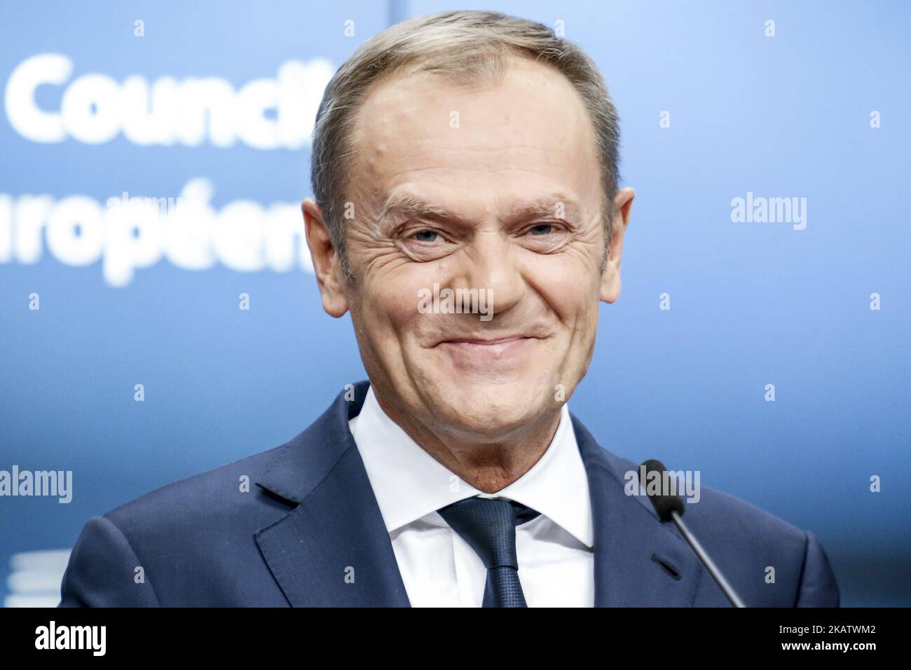 European Council President Donald Tusk on final press conference in Brussels, Belgium at the European Council summit during Estonian presidency on December 15, 2017. (Photo by Dominika Zarzycka/NurPhoto) Stock Photo