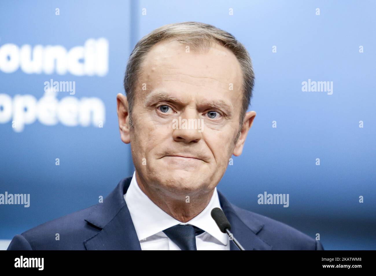 European Council President Donald Tusk on final press conference in Brussels, Belgium at the European Council summit during Estonian presidency on December 15, 2017. (Photo by Dominika Zarzycka/NurPhoto) Stock Photo