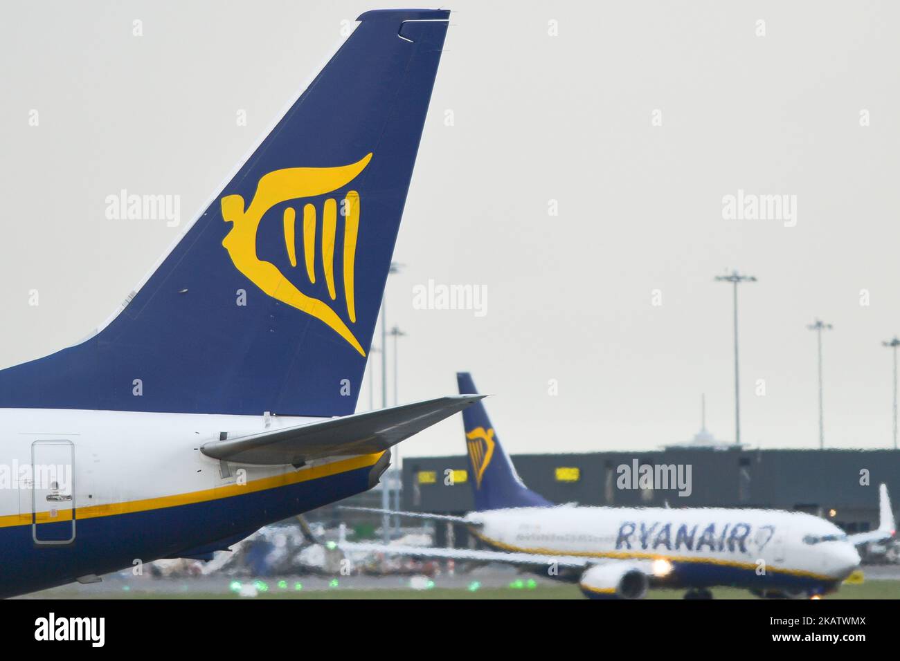 Ryanair planes on the runway at Dublin airport. Passengers are facing severe travel disruption after Ryanair pilots in Ireland, Portugal, Germany, Italy and Spain has announced that they would be striking on Wednesday 20 December. Ryanair will publish contingency plans on next week’s planned strikes on its website. On Thursday, 14 December 2017, in Dublin, Ireland. (Photo by Artur Widak/NurPhoto)  Stock Photo