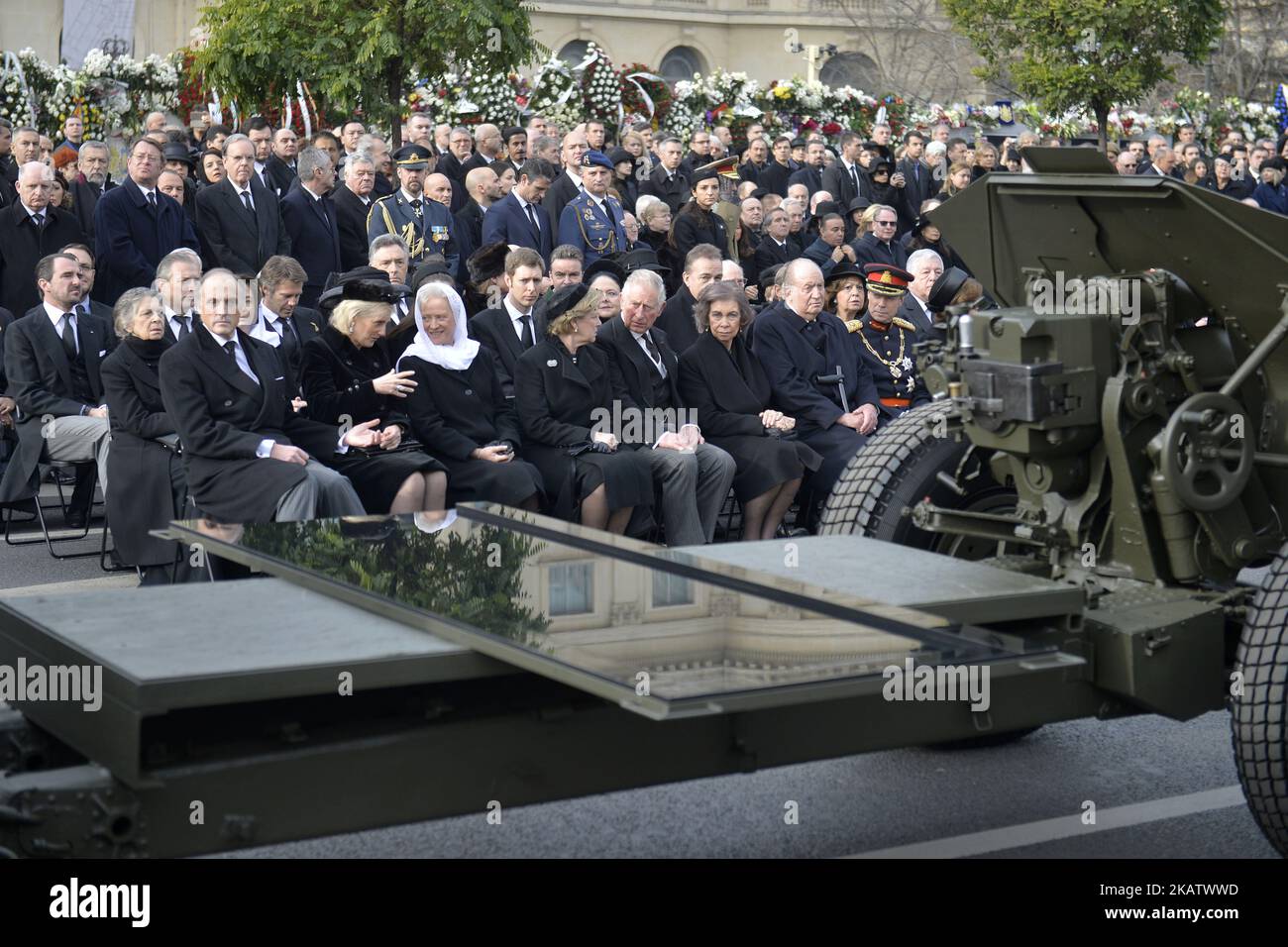 Belgium's Princess Astrid, Prince Lorenz, Prince Charles of Britain, Former Spanish Royals Queen Sofia and King Juan Carlos I, Sweden's King Carl XVI Gustaf and Queen Silvia, Grand Duke Henri of Luxembourg , Princess Chantal of France outside the former Royal Palace in Bucharest, Romania on December 16, 2017, to attend a military and religious ceremony on the occasion of the funeral of King Michael. King Michael I of Romania, who died on December 5, will be buried at the Royal grave located in the city of Curtea de Arges, Bucharest. (Photo by Alex Nicodim/NurPhoto) Stock Photo