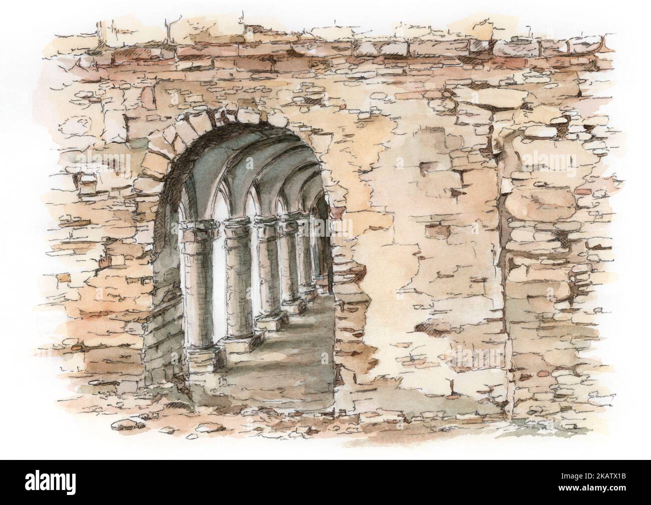 Ancient architecture. Graphite pencil and watercolor on paper Stock