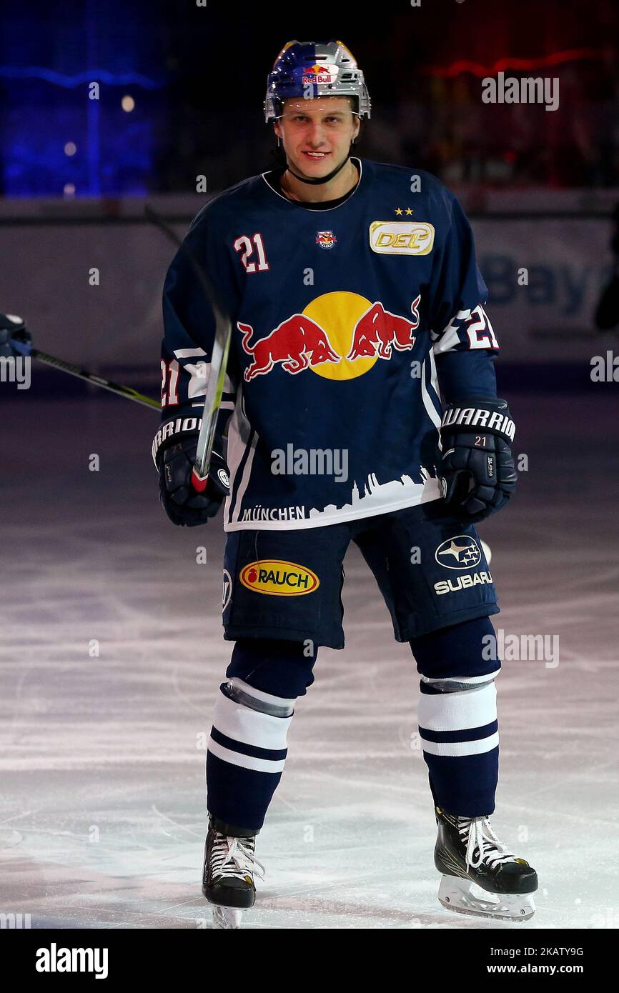 Dominik Kahun of Red Bull Munich during 33th Gameday of German Ice Hockey  League match between Red Bull Munich and Krefeld Pinguine at  Olympia-Eissportzentrum stadium in Munich, Germany, on December 19, 2017. (