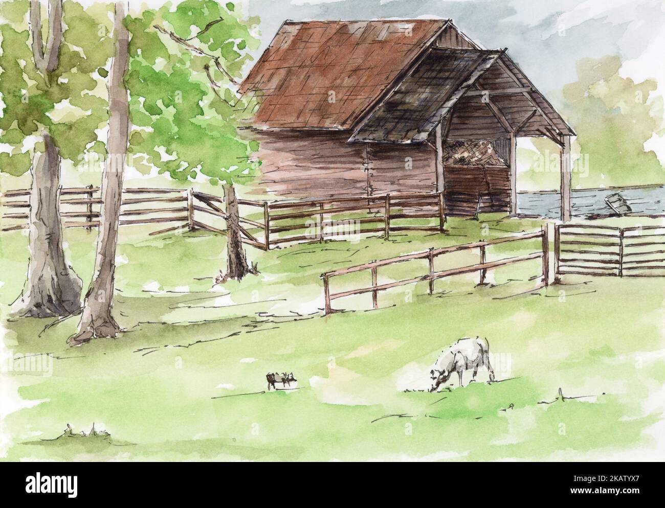 Rustical Meaning Pasture near rustical building. Ink and watercolor on paper Stock Photo ...
