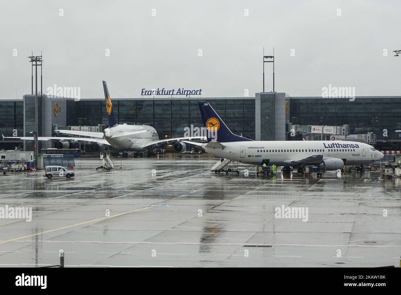Lufthansa's fleet as seen in Frankfurt Airport in Germany, the primary hub for the airline. Lufthansa is the world's 10th largest airline by passengers carried in 2016. The airline owns a fleeet of 273 aircrafts and 130 orders. Lufthansa both operates the super jumbo jets Airbus A380 and Boeing 747-8 and 747-400. Lufthansa is also the launch customer of the Airbus A320neo series and already flies the A350. The airline is one of the founder members of Star Alliance aviation affiliation. Frankfurt airport is an international airport connecting the German city to the world (Photo by Nicolas Econo Stock Photo