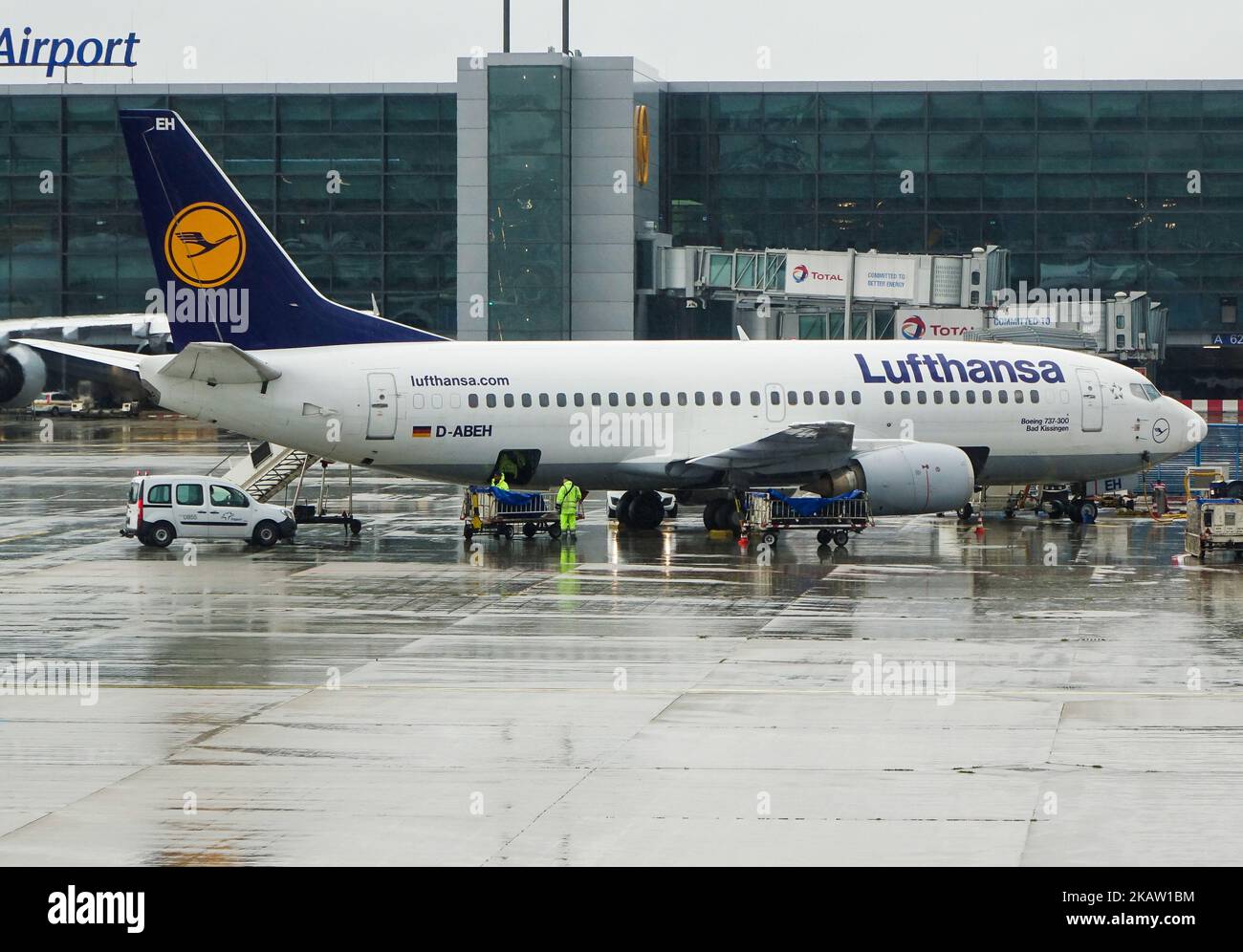 Lufthansa's fleet as seen in Frankfurt Airport in Germany, the primary hub for the airline. Lufthansa is the world's 10th largest airline by passengers carried in 2016. The airline owns a fleeet of 273 aircrafts and 130 orders. Lufthansa both operates the super jumbo jets Airbus A380 and Boeing 747-8 and 747-400. Lufthansa is also the launch customer of the Airbus A320neo series and already flies the A350. The airline is one of the founder members of Star Alliance aviation affiliation. Frankfurt airport is an international airport connecting the German city to the world (Photo by Nicolas Econo Stock Photo