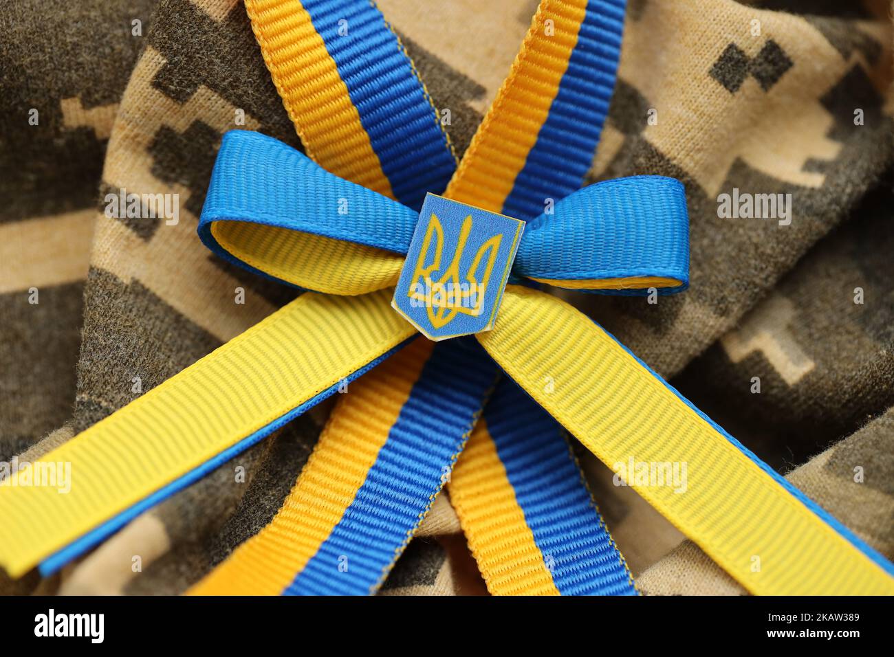 Pixeled digital military camouflage fabric with ukrainian flag and coat of arms on stripes ribbon in blue and yellow colors. Attributes of ukrainian s Stock Photo