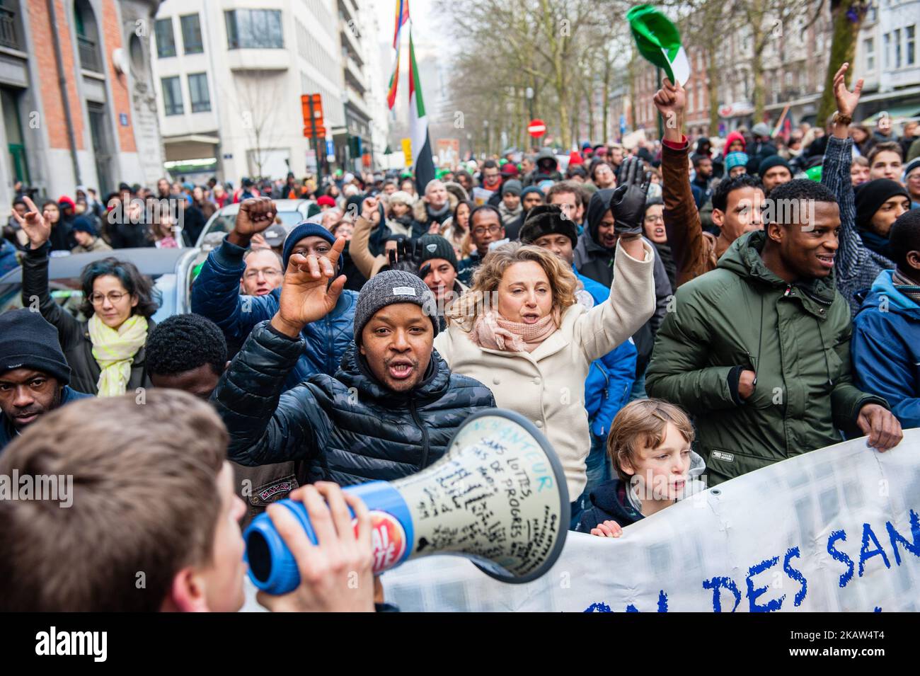 Around 8000 people gathered against Belgium's asylum and migration policy of the Belgian Secretary of State for Immigration, Theo Franken in Brussels, Belgium, on 13 January, 2018. After he ordered asylum seekers be returned to Sudan, where they say they fear for their lives. People are asking for his resign. Some politicians have suggested that the migration secretary, Theo Francken, the leader who invited the Sudanese officials to Belgium, should consider stepping down over his handling of the matter. Francken has said he has no plans to resign after appearing to mislead Parliament by tellin Stock Photo