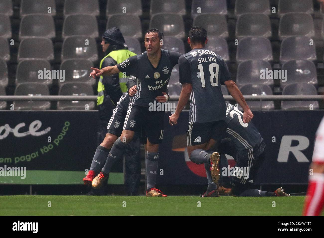 Benfica«s goalkeeper Bruno Varela from Portugal celebrating a goal scored  by Benfica«s forward Jonas from Brazil during the Candido Oliveira Super  Cup match between SL Benfica and Vitoria Guimaraes at Municipal de