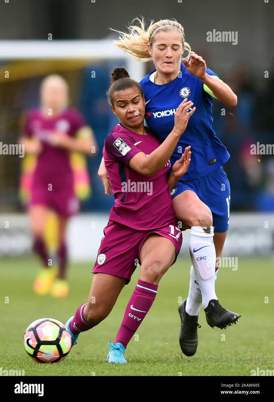 Nikita Parris of Manchester City WFC under pressure during the Continental Tyres Cup semi-finals match between Chelsea Ladies against Manchester City Women at Kingsmeadow Stadium at AFC Wimbledon Football Club London on 14 Jan 2018 (Photo by Kieran Galvin/NurPhoto) Stock Photo