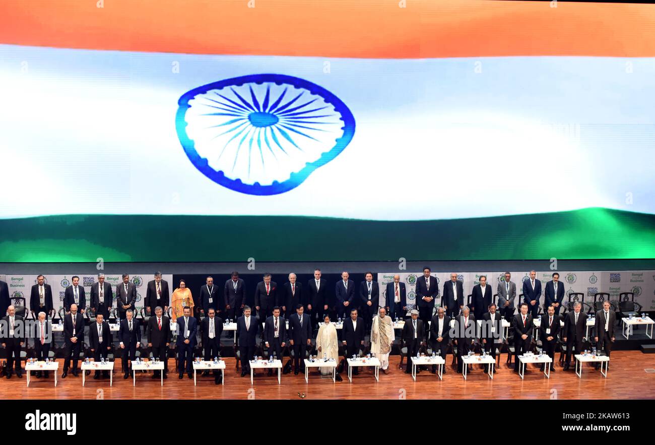 National Anthem --Stranding Mamata Banerjee Chief Minister of West Bengal along Mukesh Ambani chairman, managing director and largest shareholder of Reliance Industries Limited (RIL) , Lakshmi Mittal ,CEO of ArcelorMittal Lakshmi Niwas Mittal, is an Indian steel magnate, based in the UnitedKingdom ,Sajjan Jindal Chairman, Managing Director of JSW Group of companies and Amit Mitra State Finances Minister at the Bengal Global Business Summit on January 16,2018 in Kolkata,India. (Photo by Debajyoti Chakraborty/NurPhoto) Stock Photo