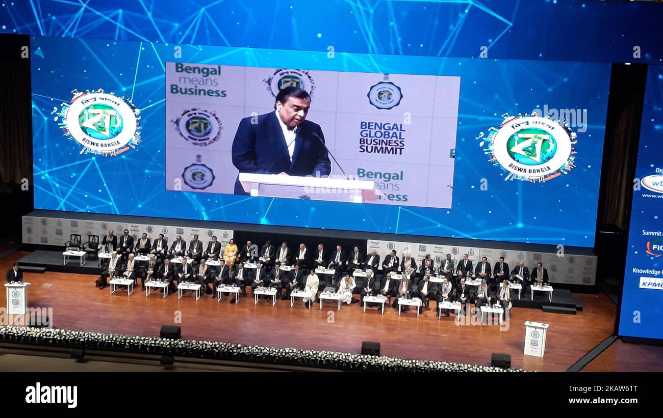 Mukes Ambani Chairman and MD Reliance Industry Limited address at the Bengal Global Bunicess Summit 2018 on January 16,2018 in Kolkata,India. (Photo by Debajyoti Chakraborty/NurPhoto) Stock Photo