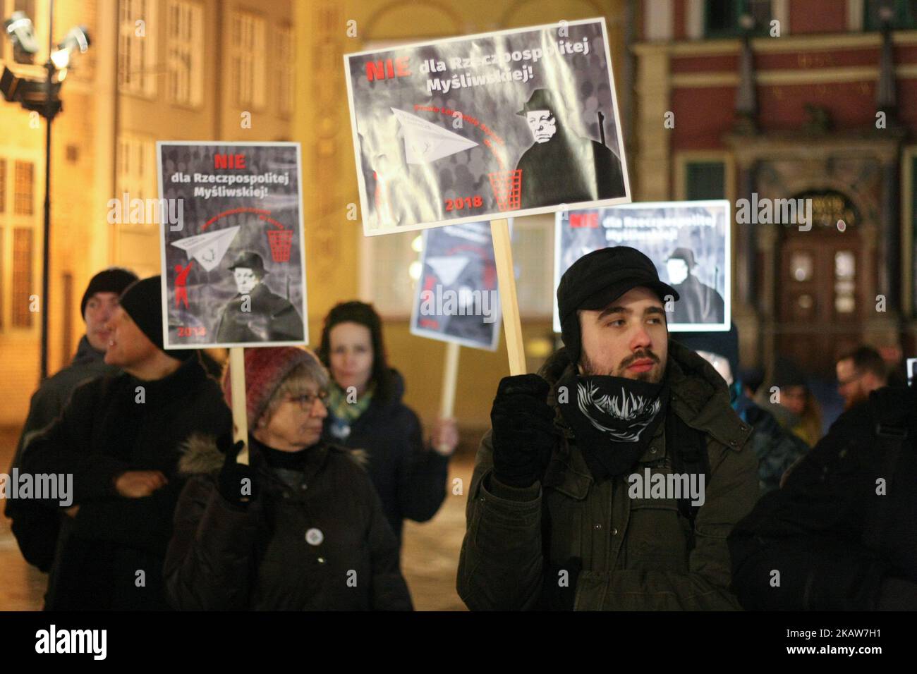 Protesters holding banners, with anti-hunting slogans are seen in Gdansk, Poland on 19 January 2018 Over 200 people protested against new hunting law introduced by the Law and Justice (PiS) government. They demand to ban participation of children in hunting, increase of the distance allowed for hunting from houses and private properties, and elimination of punishment for so called disturbing in hunting (Photo by Michal Fludra/NurPhoto) Stock Photo