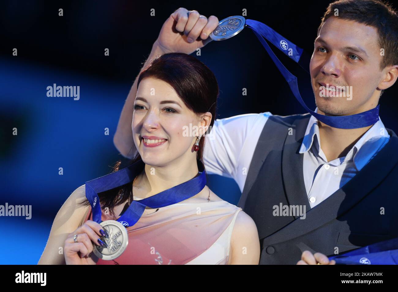 Silver medallists Ekaterina Bobrova and Dmitri Soloviev of Russia pose with their medals after the ice dance free dance at the ISU European Figure Skating Championships in Moscow, on January 20, 2018. (Photo by Igor Russak/NurPhoto) Stock Photo