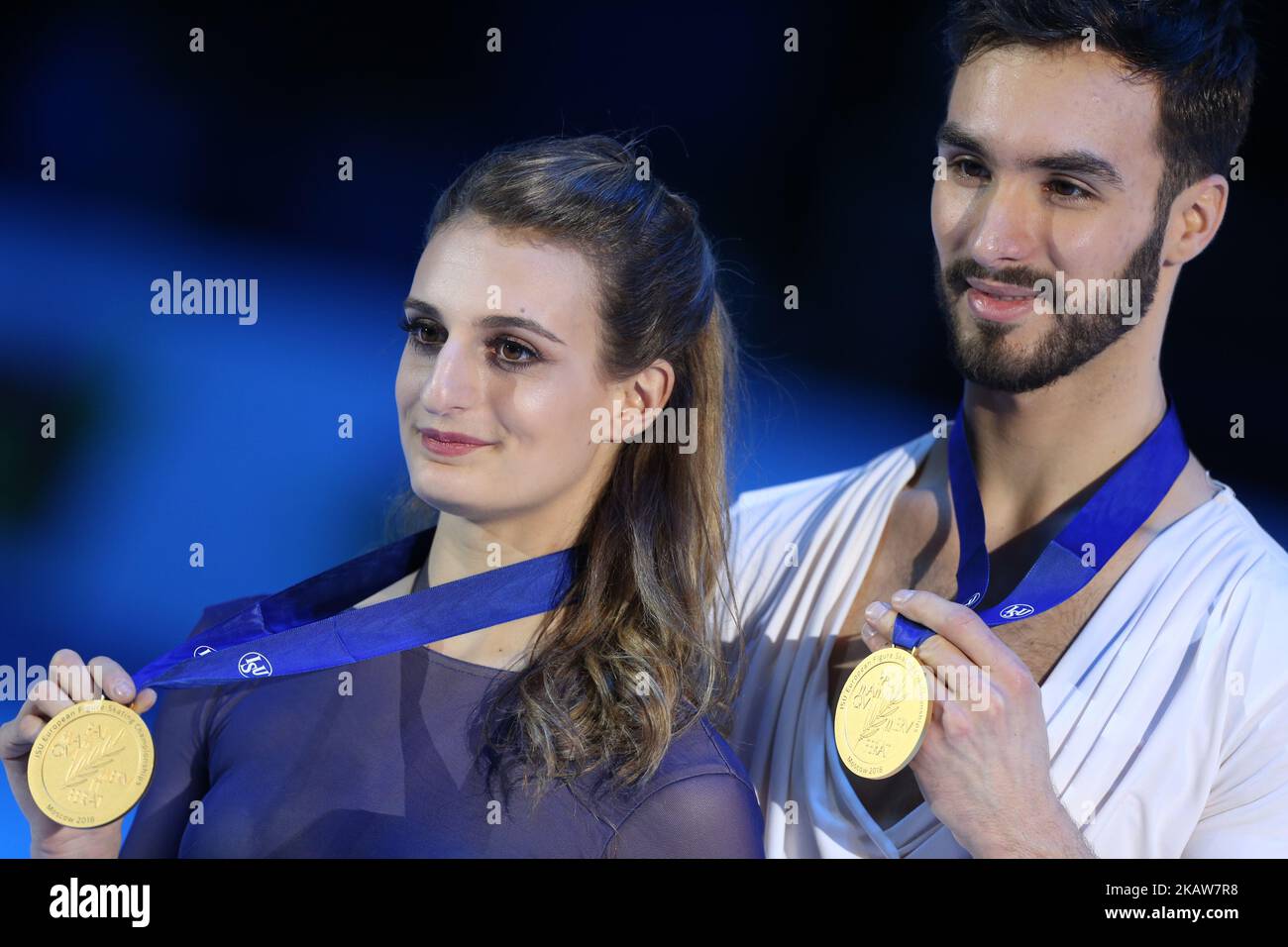 Gold medallists Gabriella Papadakis and Guillaume Cizeron of France pose with their medals after the ice dance free dance at the ISU European Figure Skating Championships in Moscow, on January 20, 2018. (Photo by Igor Russak/NurPhoto) Stock Photo