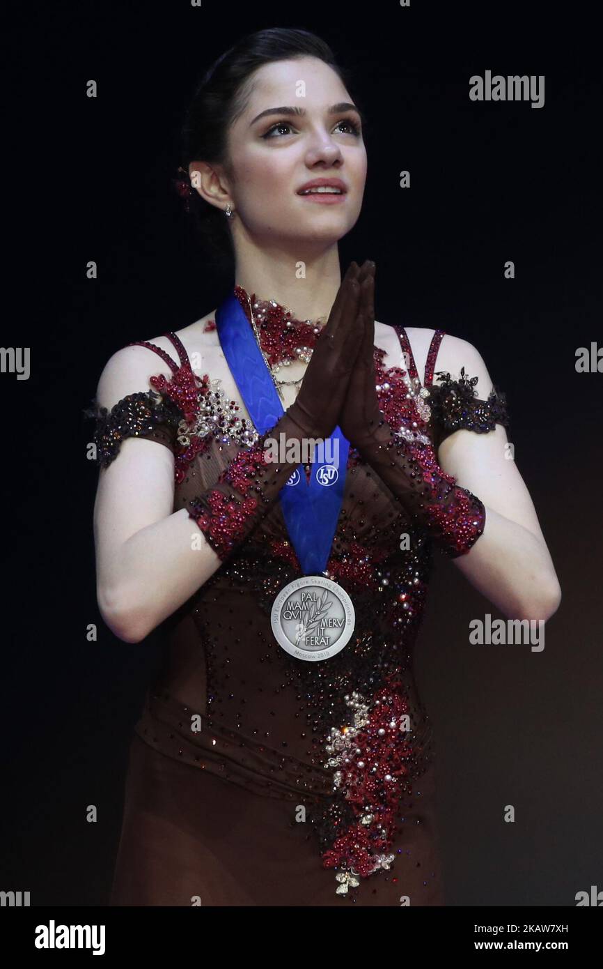 Silver medallist Evgenia Medvedeva of Russia poses with her medal