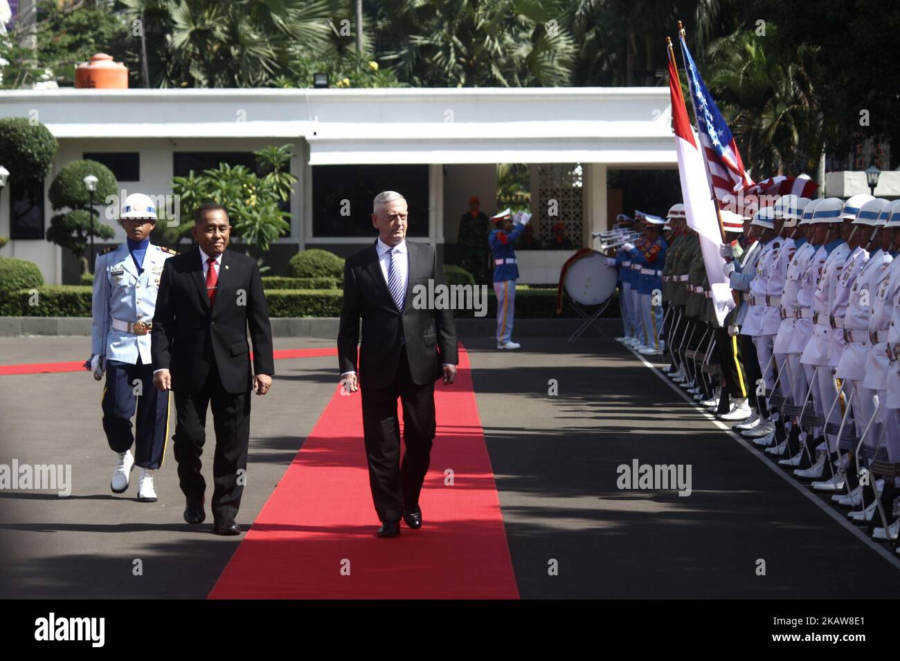 US Defense Secretary James Mattis was accompanied by Indonesia's Defense Minister to inspect troops at a welcoming ceremony at the Defense Ministry building, Jakarta, January 23, 2018. The visit of US Defense Minister James Mattis as an effort to strengthen bilateral defense relations between the two countries , and to discuss defense cooperation. (Photo by Aditya Irawan/NurPhoto) Stock Photo