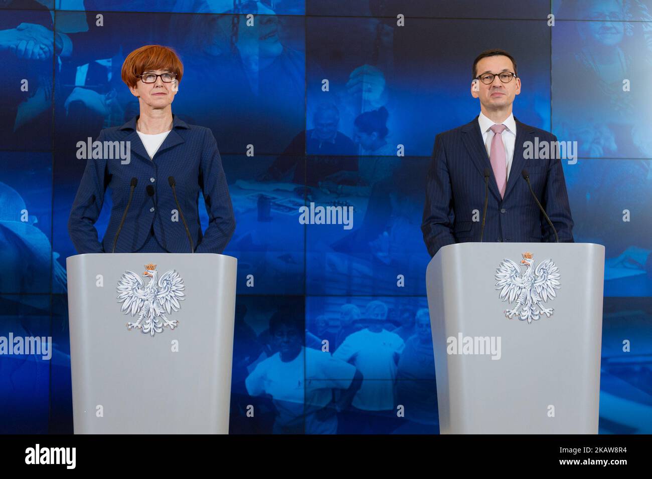 Prime Minister of Poland Mateusz Morawiecki and Minister of Labour and Social Policy Elzbieta Rafalska during the press conference at Chancellery of the Prime Minister in Warsaw, Poland on 23 January 2018. (Photo by Mateusz Wlodarczyk/NurPhoto) Stock Photo