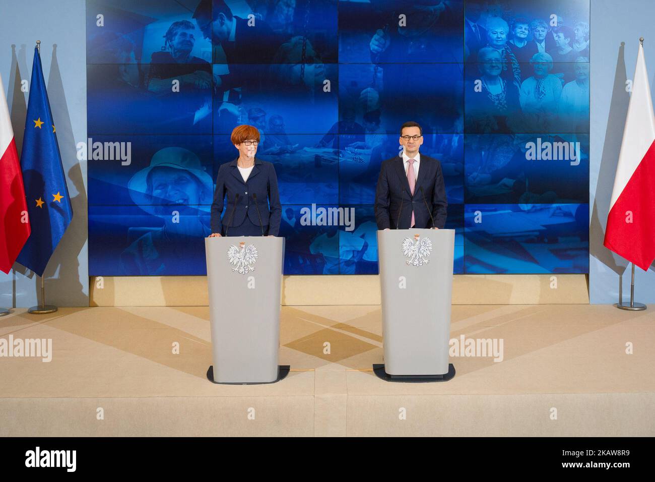 Prime Minister of Poland Mateusz Morawiecki and Minister of Labour and Social Policy Elzbieta Rafalska during the press conference at Chancellery of the Prime Minister in Warsaw, Poland on 23 January 2018. (Photo by Mateusz Wlodarczyk/NurPhoto) Stock Photo