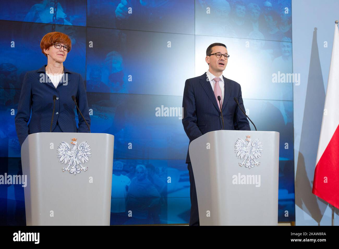 Prime Minister of Poland Mateusz Morawiecki and Minister of Labour and Social Policy Elzbieta Rafalska during the press conference at Chancellery of the Prime Minister in Warsaw, Poland on 23 January 2018. (Photo by Mateusz Wlodarczyk/NurPhoto) Stock Photo