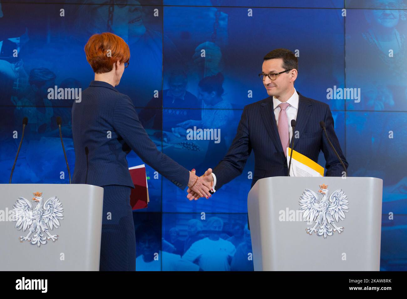 Prime Minister of Poland Mateusz Morawiecki and Minister of Labour and Social Policy Elzbieta Rafalska during the press conference at Chancellery of the Prime Minister in Warsaw, Poland on 23 January 2018. (Photo by Mateusz Wlodarczyk/NurPhoto) Stock Photo