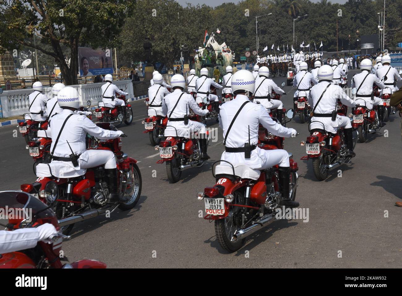 Indian TRAFFIC SERGEANT on their bikes as they take part in a rehearsal ahead of the forthcoming Republic Day parade in Kolkata on January 23, 2018. India will celebrate its 69th Republic Day on January 26. (Photo by Debajyoti Chakraborty/NurPhoto) Stock Photo