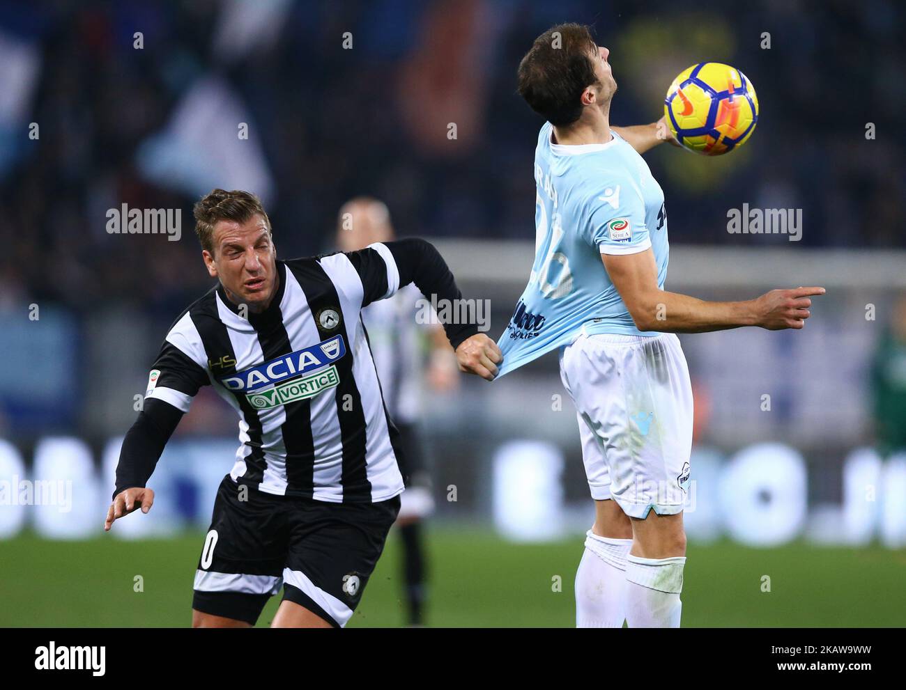 Maxi Lopez of Udinese and Stefan Radu of Lazio during the Serie A match between SS Lazio and Udinese Calcio on January 24, 2018 in Rome, Italy. (Photo by Matteo Ciambelli/NurPhoto) Stock Photo