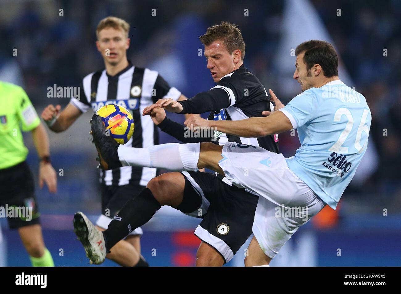 Maxi Lopez of Udinese and Stefan Radu of Lazio during the Serie A match between SS Lazio and Udinese Calcio on January 24, 2018 in Rome, Italy. (Photo by Matteo Ciambelli/NurPhoto) Stock Photo