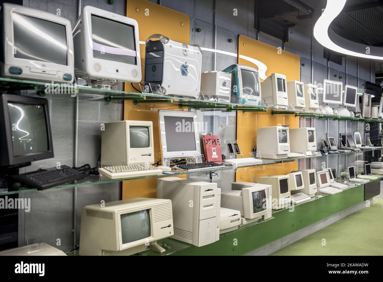 Macintosh models exhibited at MacPaw's Ukrainian Apple Museum in Kiev, Ukraine on January 26, 2017. Ukrainian developer MacPaw has opened Apple hardware museum at the company’s office in Kiev. The collection has more than 70 original Macintosh models dated from 1981 to 2017. (Photo by Oleksandr Rupeta/NurPhoto) Stock Photo