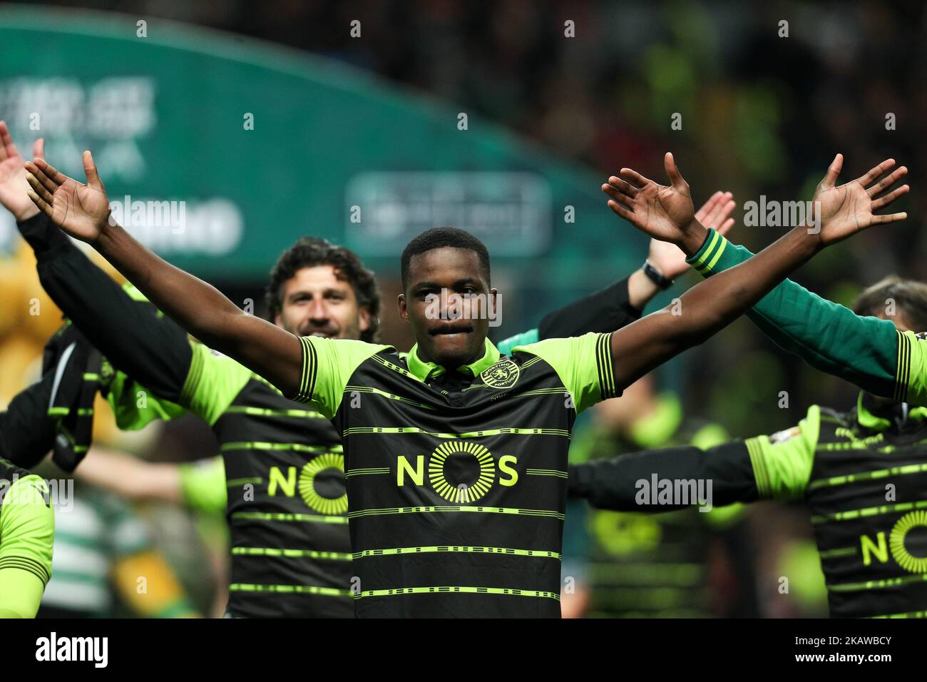 Sporting's Portuguese midfielder William Carvalho (C) celebrates the victory in the game during the Portuguese League Cup 2017/18 Final, match between Vitoria FC and Sporting CP, at Municipal de Braga Stadium in Braga on January 27, 2018. (Photo by Paulo Oliveira / DPI / NurPhoto) Stock Photo