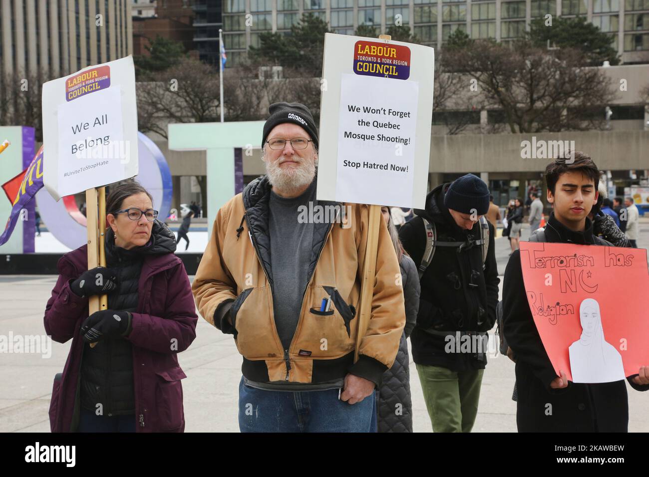 Rally held in Toronto, Ontario, Canada, on January 27, 2018 to remember those killed in the Quebec City mosque shooting that took place one year ago and to condemn Islamophobia, hate, and racism. The rally marked one year since the horrific killing of 6 Muslims at the Islamic Cultural Centre of Quebec. Over the past year, there has been a significant rise of Islamophobia and hate across North America and Europe following the election of Donald Trump and the support of far-right politicians in Europe. (Photo by Creative Touch Imaging Ltd./NurPhoto) Stock Photo