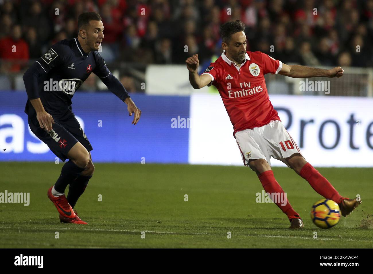 Benfica's forward Jonas (R) vies with Belenenses's midfielder Hassan Yebda during the Portuguese League football match between CF Belenenses and SL Benfica at Restelo Stadium in Lisbon, Portugal on January 29, 2018. (Photo by Carlos Costa/NurPhoto) Stock Photo