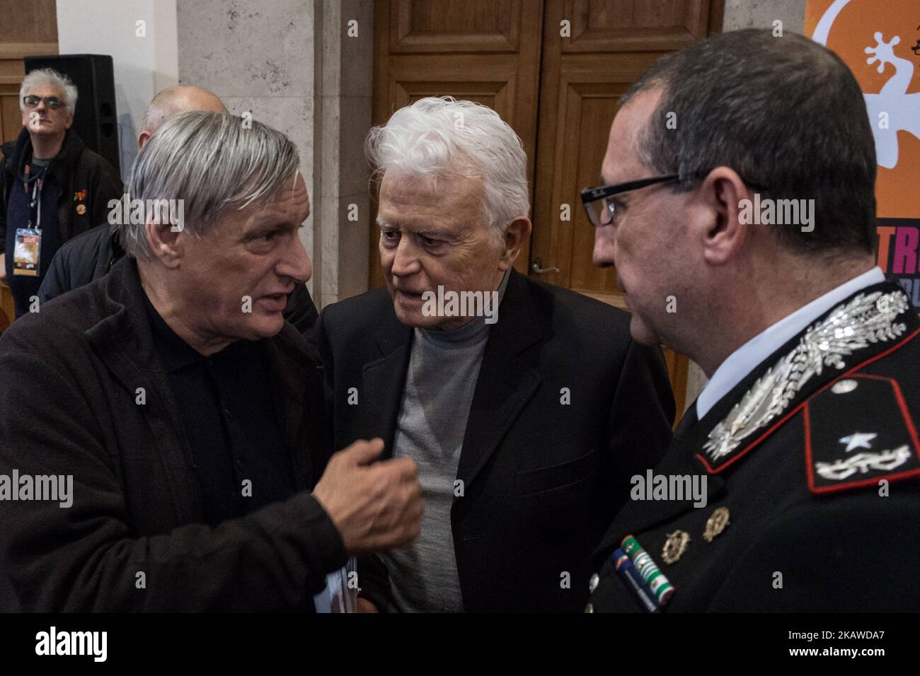 Don Luigi Ciotti and Giancarlo Caselli attend Conference, Contromafie 2018, organized by 'Libera' on February 2, 2018 in Rome, Italy. (Photo by Andrea Ronchini/NurPhoto) Stock Photo
