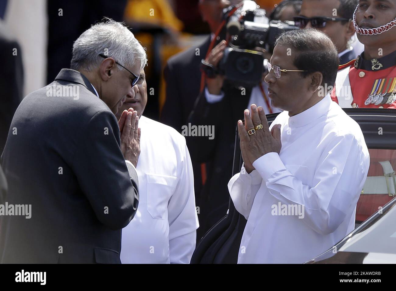 Sri Lankan president Maithripala Sirisena (R) is greeted by the Sri Lankan Prime Minister Ranil Wickramasinghe at the the 70 th Independence Day parade at Galle Face Green, Colombo, Sri Lanka Sunday 4 February 2018. Sri Lanka celebrates Independence Day on 4th of February to commemorate its independence from British rule on that day in 1948. (Photo by Tharaka Basnayaka/NurPhoto)  Stock Photo